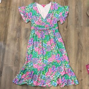 Lilly Pulitzer Floral V-Neck Midi Dress in Pink & Green